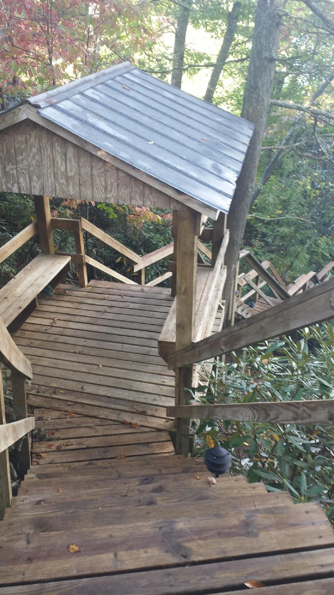 Metal roofed shelter over wooden steps on a wooded walkway — Skylight Repair & Installation work by our crew in Cohutta